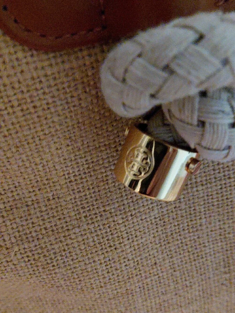 (Rare)Tory Burch Beige Canvas Tote with Red Stripe and Logo